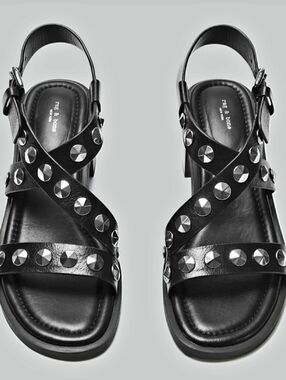 Rag & Bone Geo Studded Strap 100% LeatherBlack Sz 7.5/8US 37EU Block Heel 2inch
